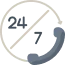 24/7 support icon with telephone and clock indicator