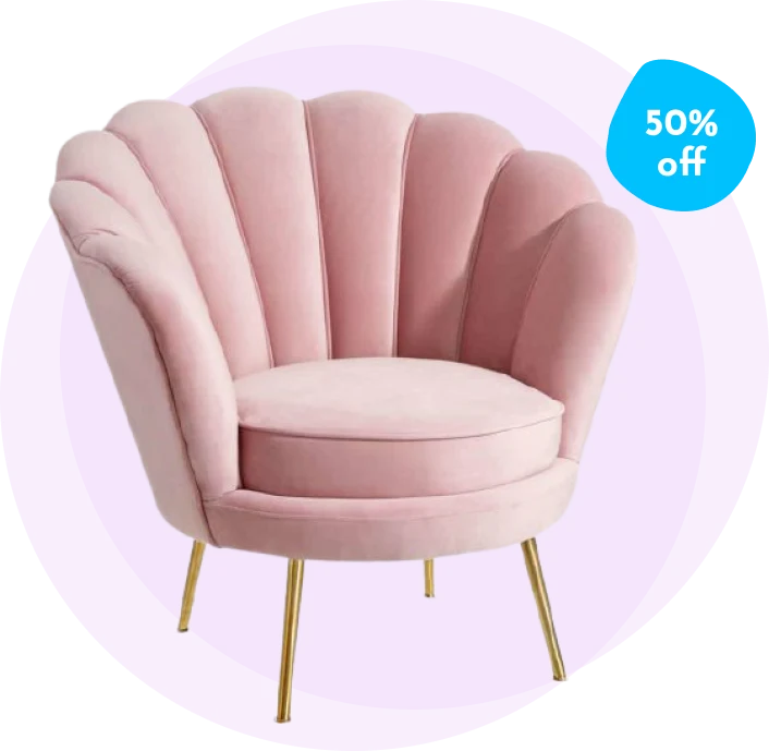 Pink velvet accent chair with scalloped backrest and gold metal legs, displayed with a 50% off discount label