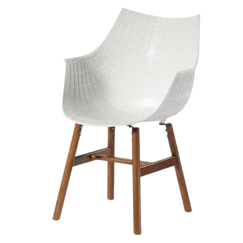 White cantilever chair with curved plastic seat and wooden legs