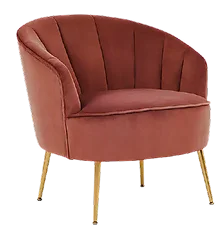 Rust-red velvet armchair with gold legs and scalloped backrest