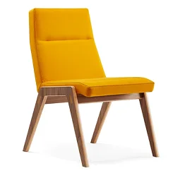 Bright yellow cushioned chair with angled wooden legs