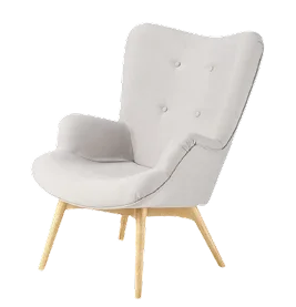 Light grey tufted armchair with gold legs and high backrest