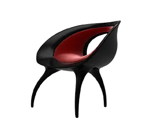 Black sculptural chair with red cushion and futuristic design