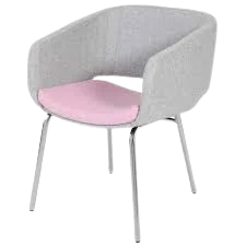 Grey cantilever chair with pink seat cushion and thin metal legs