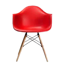 Red cantilever chair with wooden dowel legs and metal cross braces