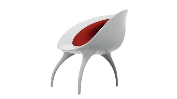 Modern white cantilever chair with red inner cushion and curved legs